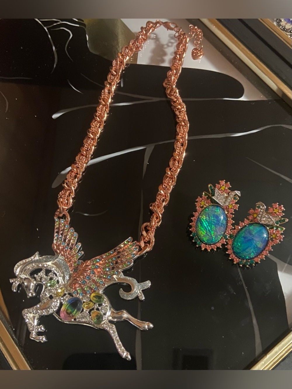 Betsey Johnson Pegasus Necklace and Fanstar Opal-Effect Earrings Set